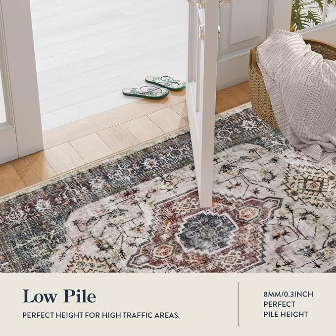 Lahome Oriental Washable Rug, 3x5 Rugs for Bedroom Living Room Entryway, Vintage Ultra-Thin Non-Slip Soft Throw Carpet for Kitchen Office Entrance, Brown/Grey