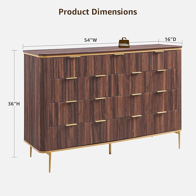 T4TREAM Fluted 9 Drawers Dresser, Modern Wooden Top Chest of Drawers with Curved Profile Design, Dresser TV Stand Drawer Organizers for Bedroom, Living Room, Hallway(Dark Walnut)