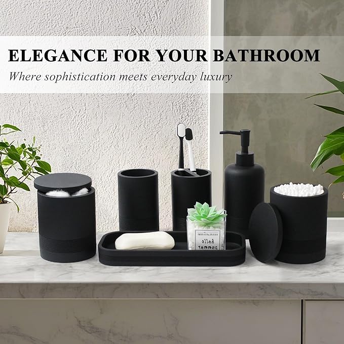LIN CHUAN 6-Piece Bathroom Accessories Set, Organizer Set with Soap Dispenser, Toothbrush Holder Set, Vanity Tray, Tumbler & 2 Cotton Swab Jars – Modern Stylish Bathroom Storage(Matte Black)