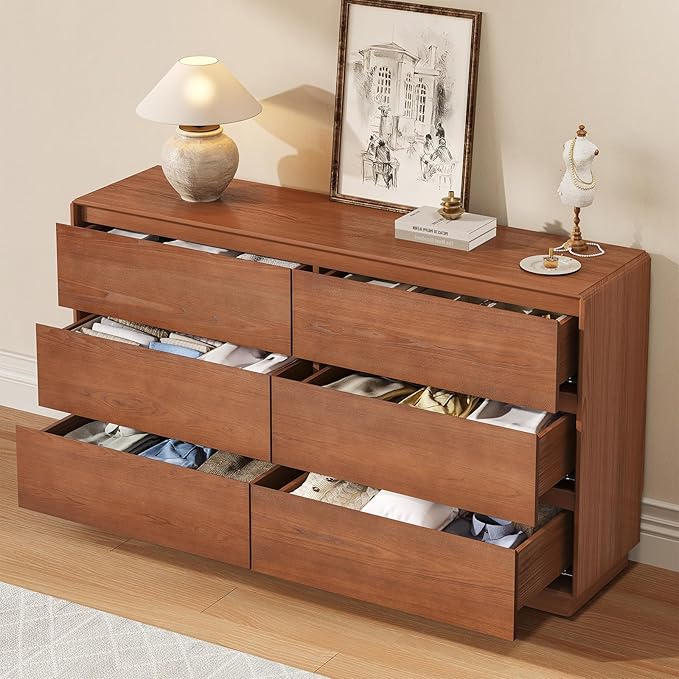 Solid Wood Dresser for Bedroom, Natural Solid Wood 6 Drawer Dresser,55.2" Wide Mid Century Modern Chest of Drawers, Closet Storage Organizer for Living Room, Bedroom