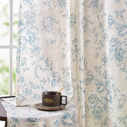 jinchan Linen Blend Curtain Floral Curtains for Living Room 63 Inch Length Blue Printed Curtain Rod Pocket Back Tab Farmhouse Peony Flower Patterned Drapes Bedroom Window Curtains Set 2 Panels