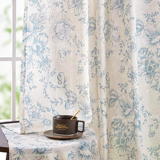 jinchan Linen Blend Curtain Floral Curtains for Living Room 96 Inch Length Blue Printed Curtain Back Tab Farmhouse Peony Flower Patterned Drapes Bedroom Window Curtains Set 2 Panels