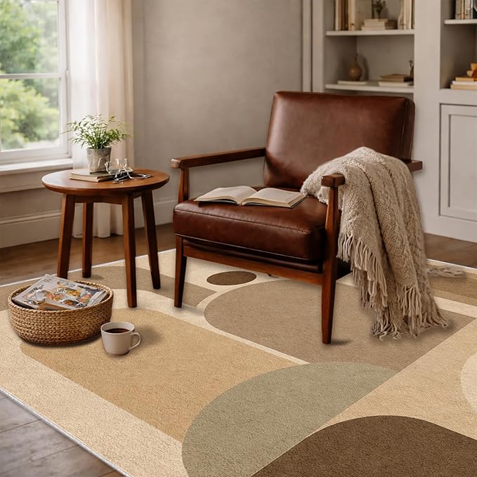 Neutral Geometric Area Rug 8x10, Mid Century Modern Abstract Rug, Soft Taupe Beige Color Block Washable Low Pile Non Slip Rug for Living Room Bedroom
