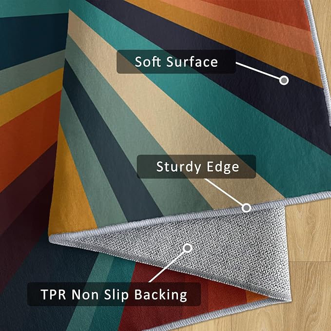 Retro Sunburst Rugs 3x5, 70s Colorful Abstract Washable 3 x 5 Area Rug for Living Room, Bedroom, Low Pile Non Slip Stain Resistant Carpet, Retro 70s Home Decor Accessories & M873