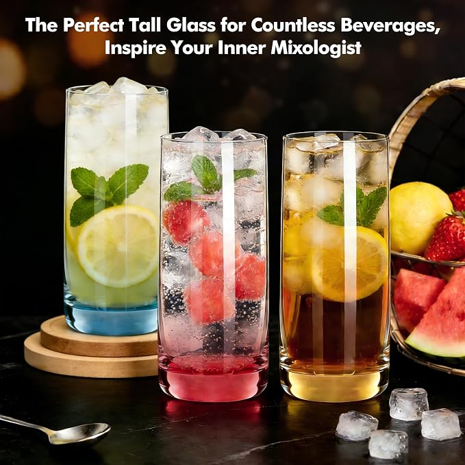 Colored Highball Glasses Set of 6,13oz Drinking Glass Cups for Mixed Drink Cocktail, Beer, Mojito, Water and Juice,Thick Tall Crystal Glassware for Kitchen, Restaurant, Home Bar and Parties