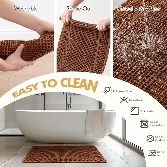 MIULEE Set of 2 Waffle Bathroom Rugs, Terracotta Boho Bath Rug Super Absorbent, Non Slip Washable Ultra Soft Rubber Backed Shower Bath Mats for Floor, Tub, Shower, Looped Design, Caramel, 17x24 Inch