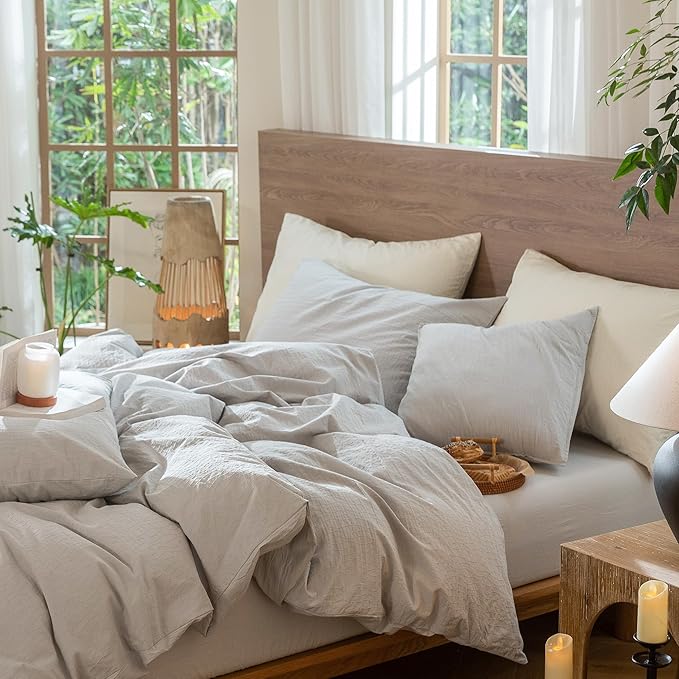 MooMee Wavy Striped Duvet Cover Set 100% Washed Cotton Linen Like Textured Breathable Durable Soft Comfy (Light Grey, Super Queen 90"x98")