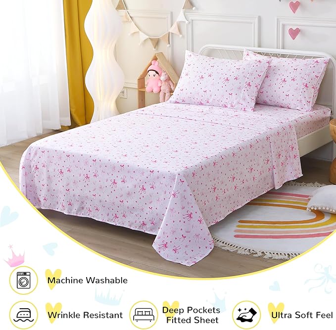 Viviland 4 Pieces Girls Pink Full Sheet Set - Soft Microfiber Fitted Flat Sheets & Pillowcases - Pink Bow Print Bedding Sets- for Kids & Toddlers