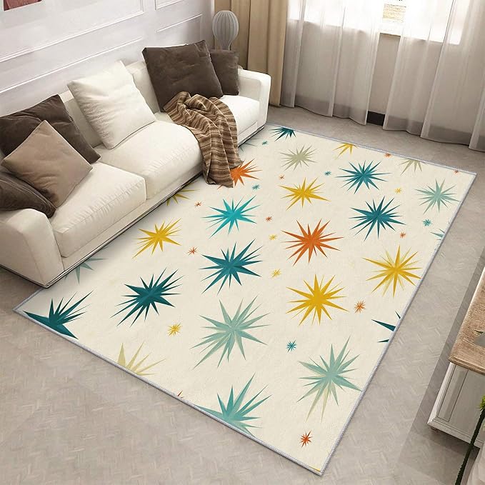 Mid Century Modern Rugs for Living Room Decor, 7x9 ft, Retro Starburst Atomic Area Rugs for Bedroom, Soft Non Slip Washable Geometric Sunburst Carpet Home Decorations D-g48