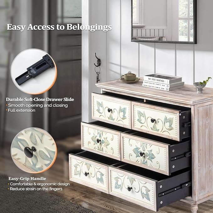 VINGLI White Dresser for Bedroom, 6 Drawer Dresser with Carved Flower Pattern, Wood Dressers Chest of Drawers with Solid Wood Legs