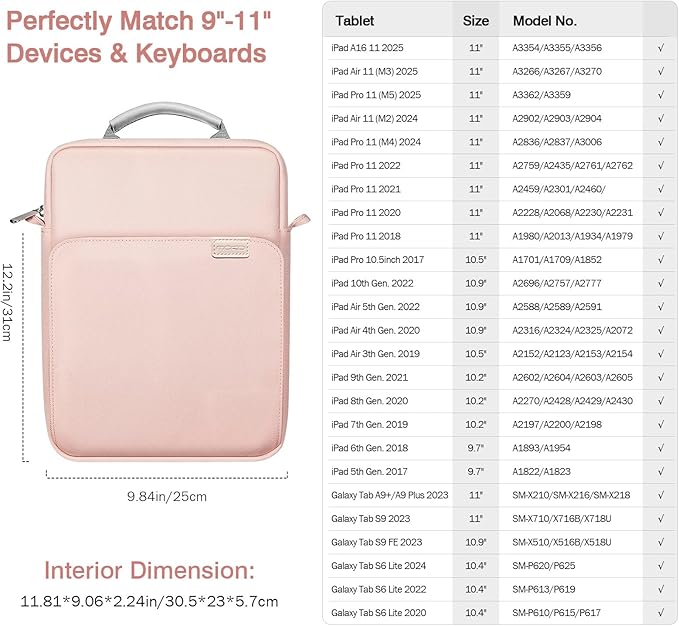 MoKo 9-11 Inch Tablet Sleeve Bag Handle Carrying Case with Shoulder Strap Fits New 11-inch iPad Pro M4/iPad Air M2, iPad 10th 10.9, iPad 9/8/7th 10.2, iPad Air 5/4th 10.9, Tab S8/S9 11, Pink