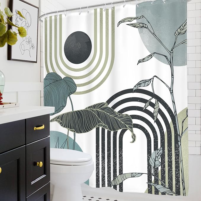 Glawry Green Teal Blue Abstract Shower Curtain Mid Century Boho Retro Tropical Palm Tree Leaves Sun Arch Modern Bathroom Geometric 60Wx72L Inches Bath Accessories Art Home Decor Fabric 12 Pack Hooks