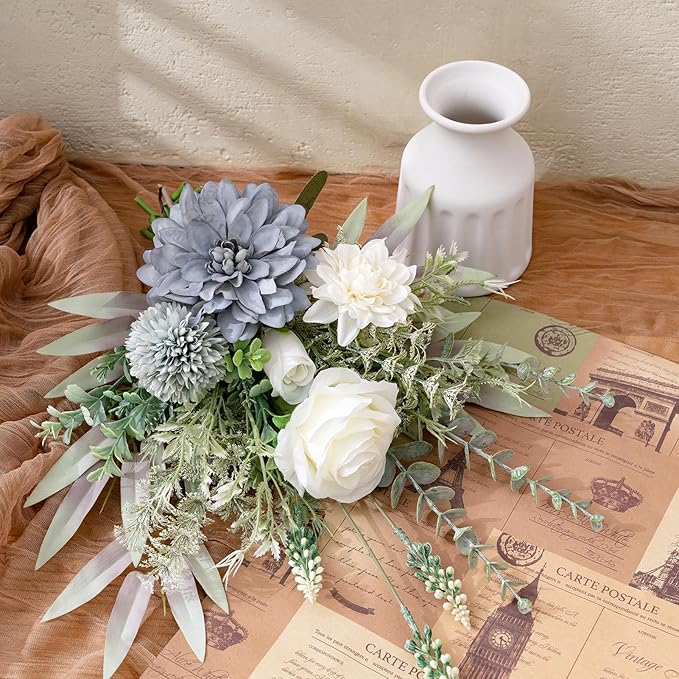 Fake Flowers in Vase, Artificial Flowers with Vase, 15.7'' Floral Arrangements for Dining Table Centerpiece Decor, Silk Roses & Faux Dahlia Bouquet for Farmfouse Kitchen Coffee Table Decor (Blue)