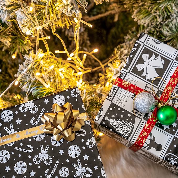 LeZakaa Christmas Wrapping Paper Mini Roll - Bell & Tree/Candy Canes/Snowflakes in Black & White for Gift Wrap, Arts Crafts - 17 x 120 inches - 3 Rolls (42.5 sq.ft.ttl.)