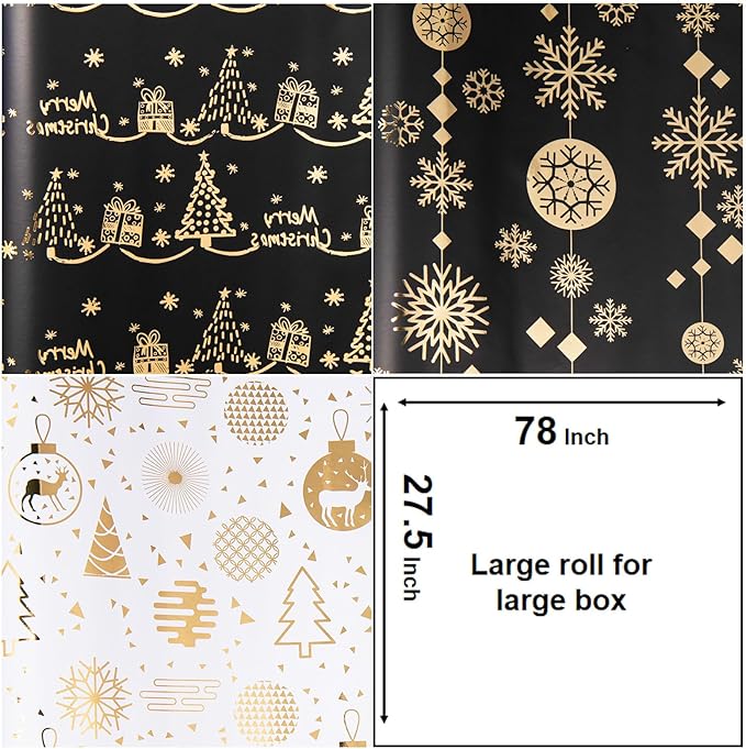 Linnoptimix Christmas Wrapping Paper Rolls -3 LARGE ROLL-27inch*78 inch per roll Colorful Foil (Christmas 2 Black/Gold + 1 White/Gold（003）)