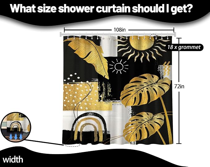 Extra Long Shower Curtain Extra Tall Black and Gold XL Abstract Dark Mens Shower Curtains for Large Bathroom Decor Sets, Waterproof Cloth Fabric with Hooks, 108x72 Inch