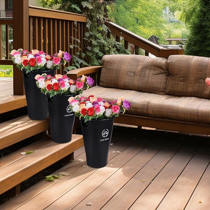 4 Pack Plastic French Floral Bucket, 15.74" Tall Floral Vases with Handles, Black