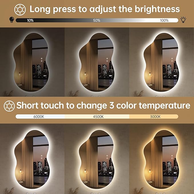 LOVESPEJO Irregular Backlit Mirror Bathroom 40x24 Inch, Asymmetrical Cloud LED Bathroom Mirror with Lights, Fogless, Dimmable, 3 Color Changing, Shatterproof,Horizontal/Vertical