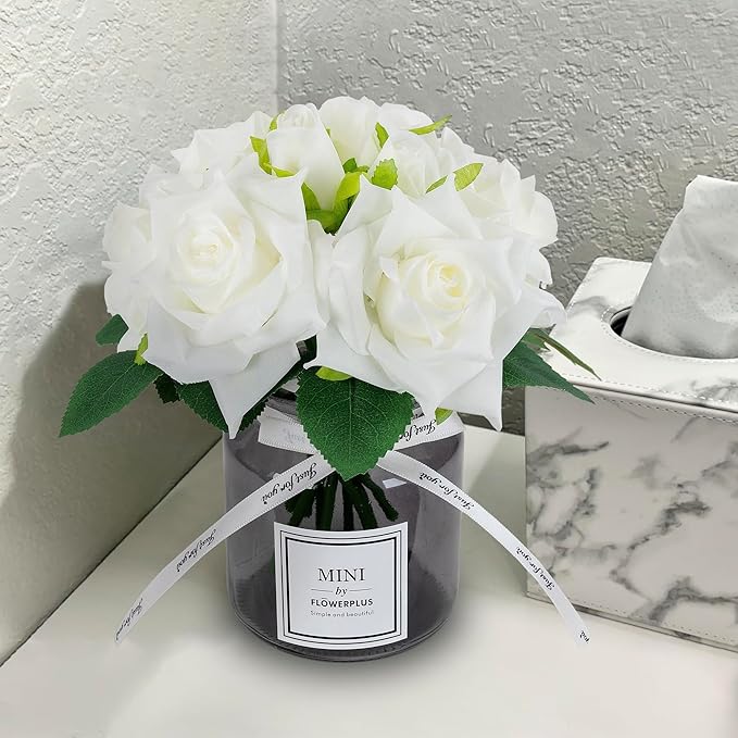XIAYAN Artificial Flower and Glass vase, Silk Rose Flower Glass Bottle Set, Suitable for Living Room, Dining Table, Office, Wedding, Hotel Banquet and Family Decoration. (White)………