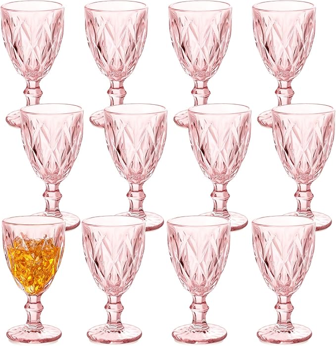 Yinder Glass Goblet Vintage Wine Goblet Embossed Glassware 10 oz Solid Color Glass Stemmed Cups for Iced Tea Beverage Soda Juice Water Liquor and Party Wedding Bars Restaurants(Pink,12 Pack)