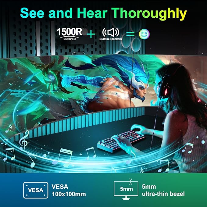 SANSUI Curved Monitor 27 inch 120Hz USB Type-C Computer Monitor with Speakers Built in丨FHD 1080p丨HDR丨110% sRGB丨1500R丨VESA Compatible,for Tablet,Desktop,Laptop and PC Work Gaming