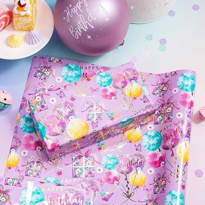 WRAPAHOLIC 30 Inch Purple Birthday Wrapping Paper - 30 Inch x 16.5 Feet - Gold Foil Fantasy Purple Happy Birthday Paper for Women Girls, Wedding, Bridal Shower