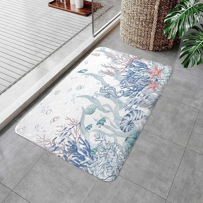 Nautical Coastal Bath Rugs for Bathroom, Ocean Themed Coral Seashell Beach Starfish Seahorse Non Slip Flannel Bathroom Rug, Dry Fast Water Absorbent Bath Mats, 17x29 Inch