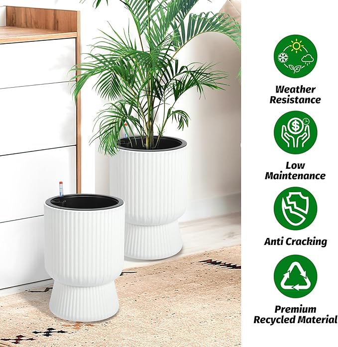 14.2" Tall Planters Set of 2, Plant Pots, Self Watering Pots for Indoor Plants, Flower Pots with Built-in Drainage and a Water Level Monitor, for Patio, Porch, Living Room, or Office, White