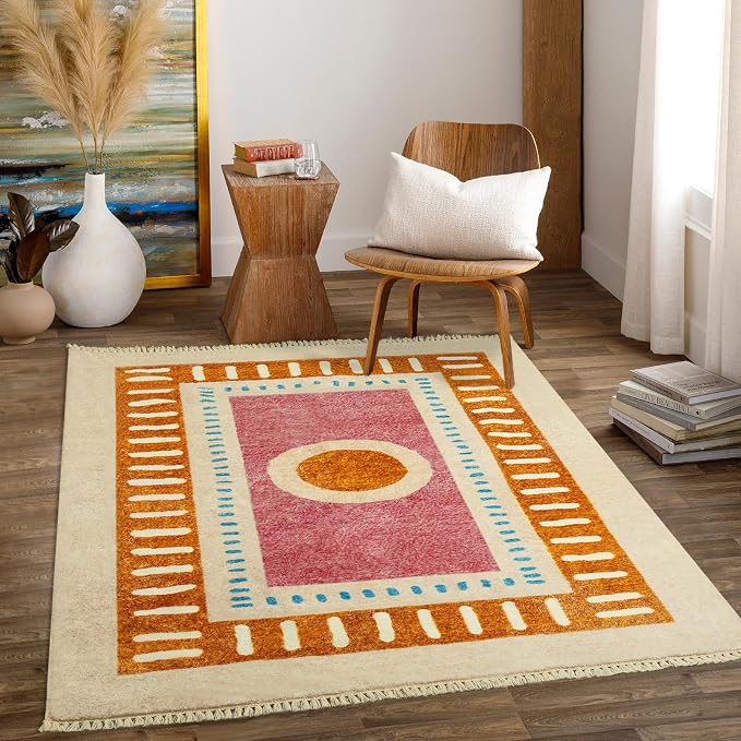 Lukinbox Boho Area Rugs for Bedroom, 4x6 Sun Washable Living Room Rug, Super Soft Non-Slip Colorful Circular Rainbow Rug for Kids Room Playroom Nursery Room Dinning Room