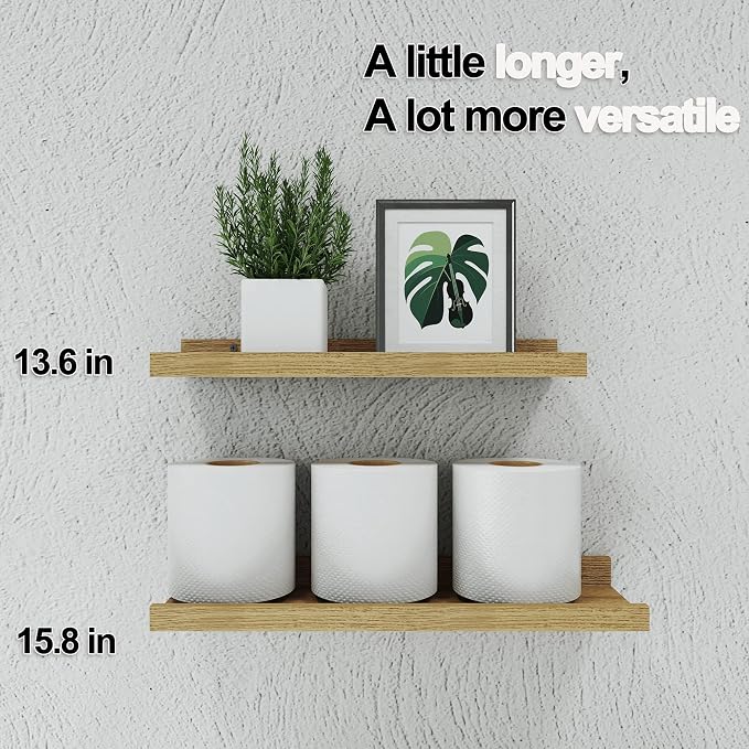 Floating Shelves for Wall Decor, Wall Mounted Wood Storage Shelf for Bedroom, Living Room, Bathroom, Kitchen, Nursery, Display Picture Ledge Shelf with Lip Set of 2-14 Inches, Oak