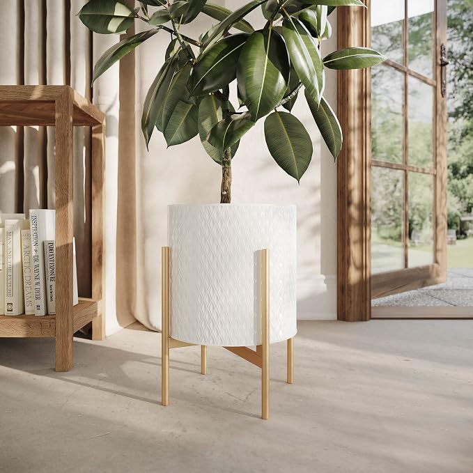 EverNest Claire Mid-Century Modern White Planter with Loki Stand, Indoor Plant Pot, SelectBase, Minimalist Aesthetic, Home Decor for Plants - (Gold Base, Set of 3)