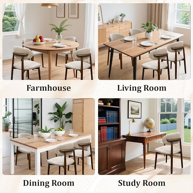 Farmhouse Dining Chairs Set of 2, Mid Century Modern Fabric Upholstered Kitchen Chairs, Wooden Dining Room Chair with Curved Back for Kitchen Dining Room Restaurant Cafe, Warm Gray (Only Chairs)