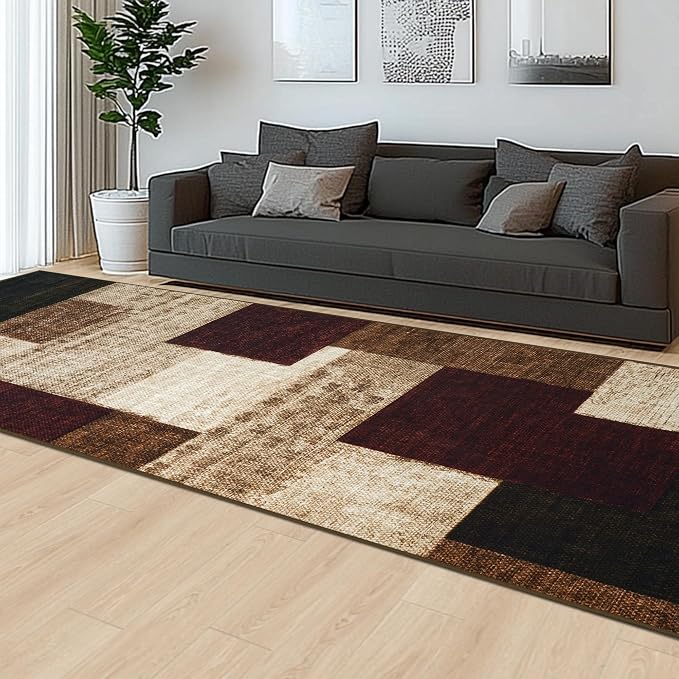 Modern Geometric Patchwork Indoor Runner Rug for Living Room, Red 2'x 6' Rug Rockwood Collection Hardwood Floors Decor for Bedroom, Burgundy Throw Carpet for Office Entryway Dining Room