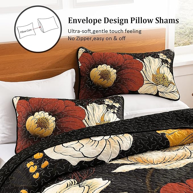 Dintszyayue Black Quilt Set Queen, 3 Pieces Red Floral Bedspreads Lightweight Coverlet Set for All Seasons, Reversible Quilted Printed Bedding Set with 2 Pillow Shams