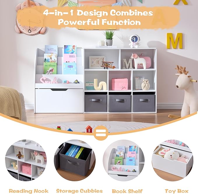 Kids Bookshelf and Toy Storage, 58.5’’ Toy Storage Organizer with Movable Chests & 3 Storage Bins, Large Kids Reading Nook Toy Organizers and Storage with 5 Cubbies for Playroom, Bedroom, White