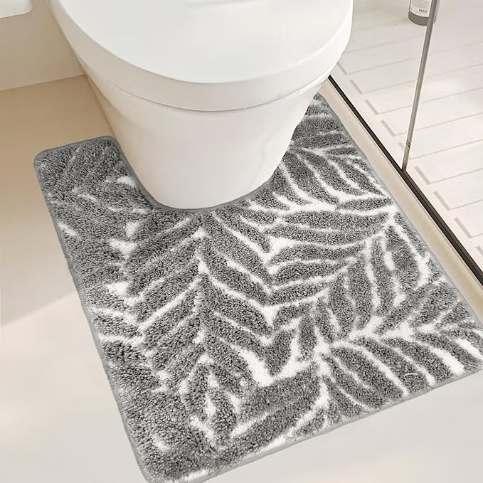 Gray Toilet Rug - U-Shaped Grey Bath Mat Tropical Leaf Bath Rugs Non Slip Washable for Bathroom Floor, Cute Bathmat Restroom Rug, Plant Absorbent U Shape Bathroom Mats Botanical Home Decor 20" x 24"