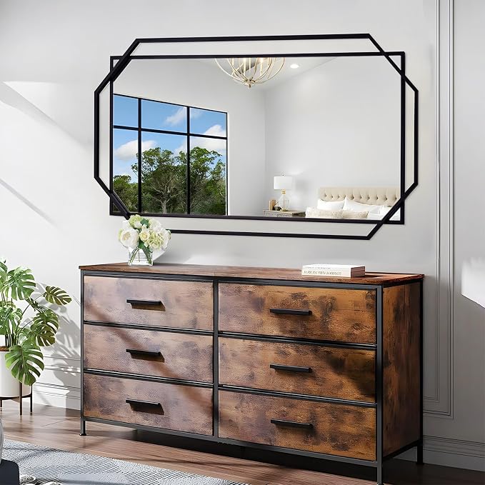 Black 60"x30.5" Full Length Wall Mirror, Large Bathroom Rectangular Mirror with Metal Modern Octagonal Frame, for Entryway,Living Room, Dining Room