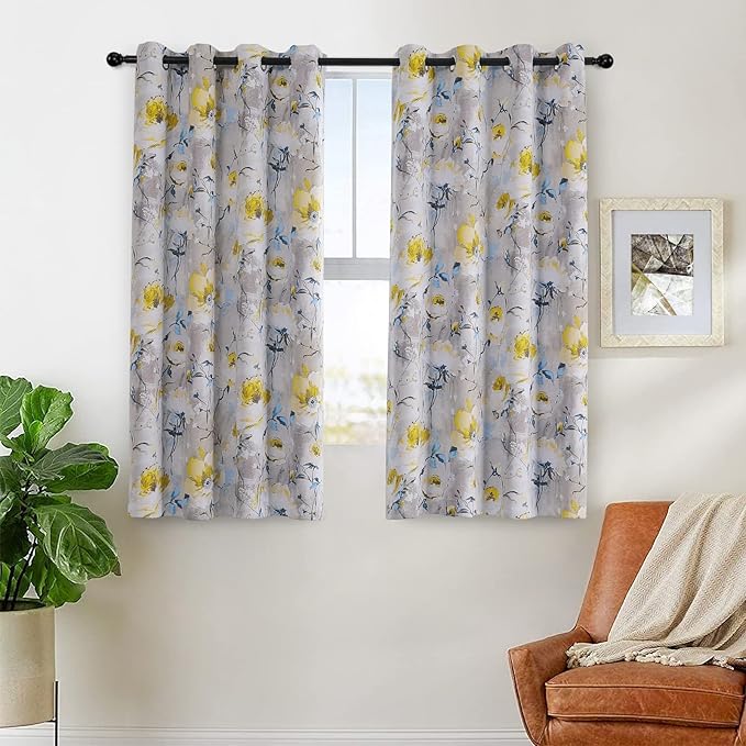 MYSKY HOME Floral Curtains 63 inch Length 2 Panels for Living Room Vintage Flower Printed Drapes Thermal Insulated Curtains Panels with Grommet, Grey and Yellow