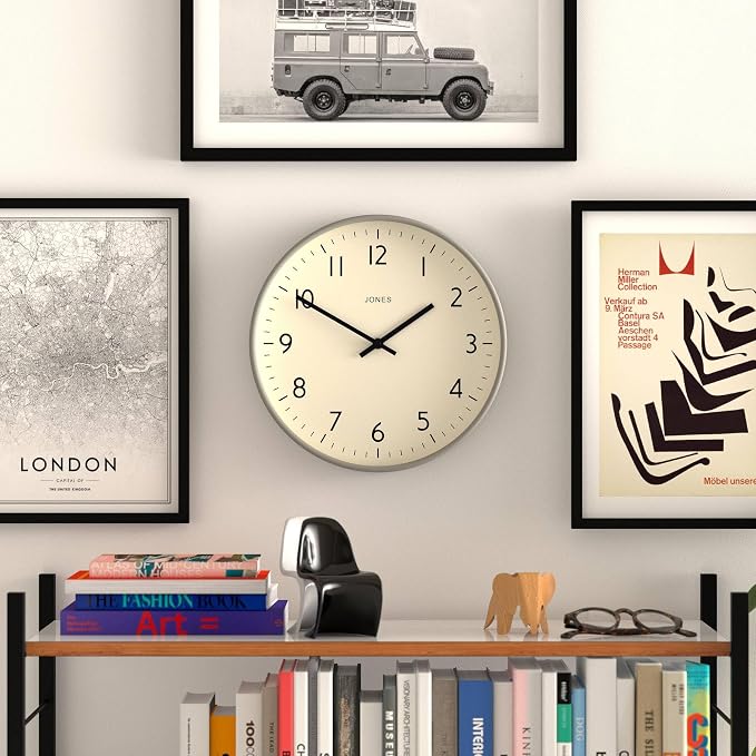 JONES CLOCKS® Studio Clock | Modern Round wall Clock | 12 inch | Gray | Easy to Read Numbers | Versatile Design for Kitchen, Living Room or Office