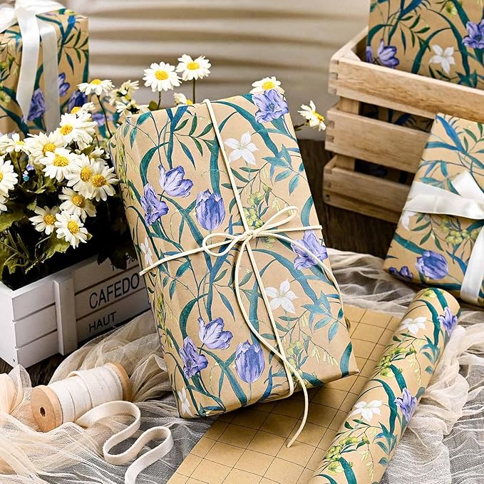 MAYPLUSS Floral Kraft Wrapping Paper Roll - 17Inch x 33Feet - Elegant Tulip Gift Wrapping Paper Watercolor Flower Gift Wrap Paper for Birthday, Mothers Day, Bridal Shower, Engagement, Valentine's Day