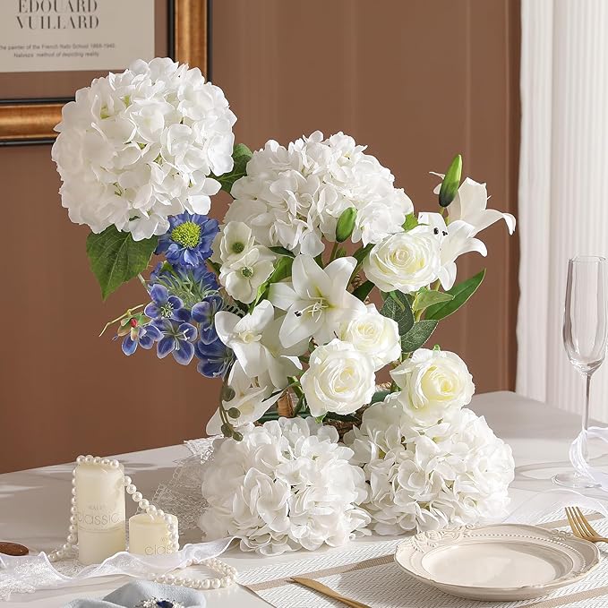 4Pcs Hydrangea Artificial Flowers, 22.44" Real Touch Latex Faux Hydrangea with Long Stems & Leaves for Home Office Decor or Wedding, Party, Centerpieces, Floral Arrangements (White)