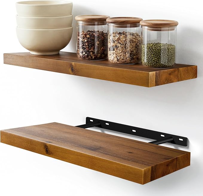 BATODA Set of 2 17" Acacia Wood Floating Shelves Wall Mounted – Rustic Farmhouse Wooden Wall Storage Shelf for Bedroom, Kitchen, Home Décor - Brackets and Shelving Mounting Hardware Included