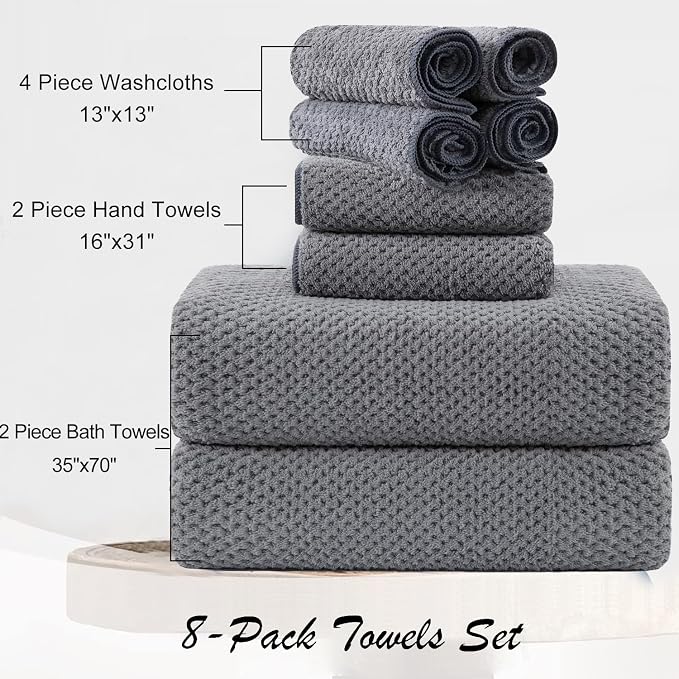 8 Piece Large Gray Family Bath Towel Set-2 Oversized Bath Towel Sheets,2 Hand Towels,4 Washcloths-600GSM Soft Highly Absorbent Quick Dry Beach Chair Towels Woven Towels for Bathroom Hotel and Spa