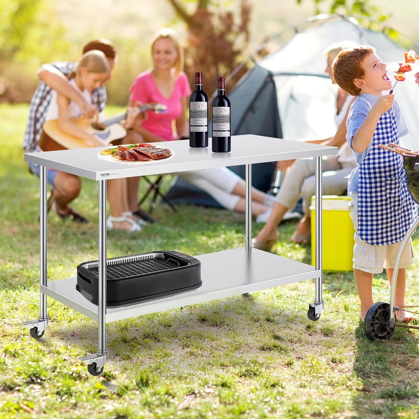 VEVOR Stainless Steel Work Table - Heavy-Duty Food Prep Table with 4 Wheels | 30 x 60 x 38 Inch, Adjustable Height