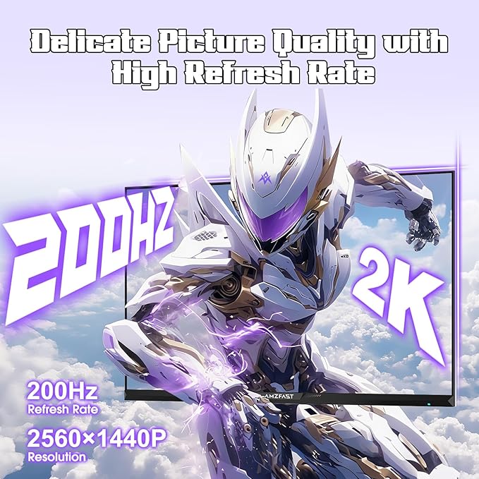 Amzfast 27 inch 1440P 200Hz/180Hz White Gaming Monitor, 2K QHD (2560 ×1440),MPRT 1ms Fast IPS | HDR400 & TÜV Rheinland Eye Care & 12 Months Exchange (HDMI & DP Cable)