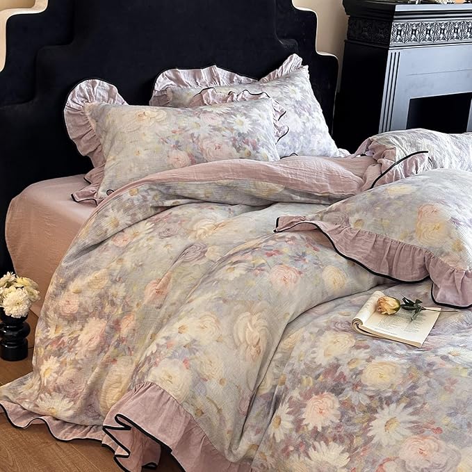 HighBuy Linen Duvet Cover Full Size,Farmhouse Purple Floral Bedding Comforter Cover with 2 Ruffle Lace Pillowcases,Chic Cottagecore Natural French Yarn-Dyed Cotton with Zipper Closure,Full