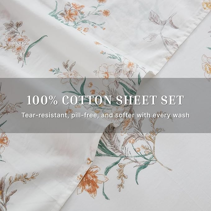 100% Cotton Sheet Set Queen Size – 4-Piece Shabby Chic Floral Bedding Set, Soft Breathable Percale Weave, Deep Pocket Fitted Sheet 17.5", Crisp Cool Feel, Refined Botanical Elegance