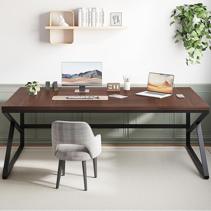 HSH 70 Inch Long Walnut Desk, 2 Person Large Work Desk for Home Office, Rustic Wood and Metal Executive Writing Study Gaming Computer Table, Modern Bedroom Living Room PC Laptop Dual Monitor Table