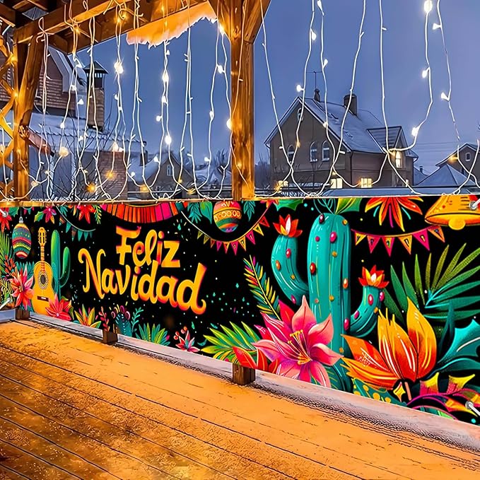 Feliz Navidad Banner 118 x 20 Inch Mexican Christmas Backdrop with Guitar Cactus Poinsettia Flowers Large Holiday Party Wall Decoration for Outdoor Fence Yard Porch Photography