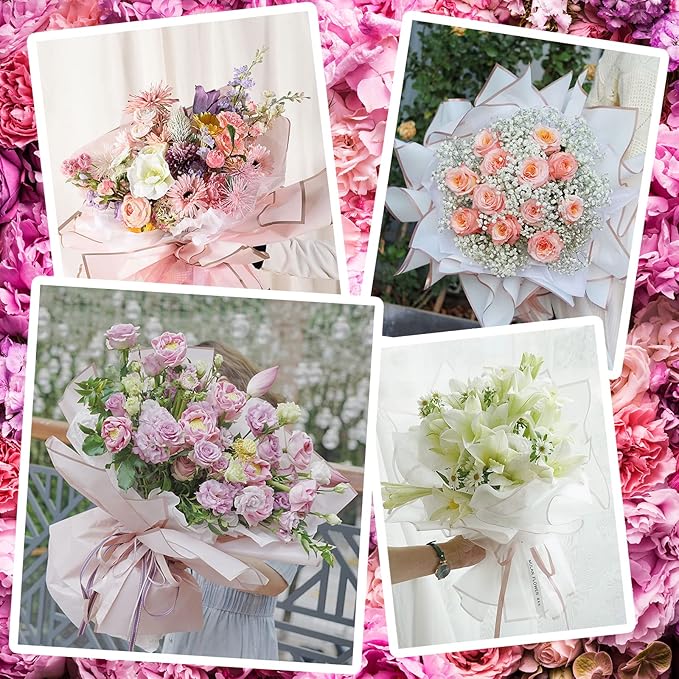 Kosotody 40 Sheets Pink Color Flower Wrapping Paper Gold Edge Waterproof Florist Bouquet Supplies Flower Paper for Bouquets DIY Crafts Packaging, 22.8x22.8 inch (Pink series)…